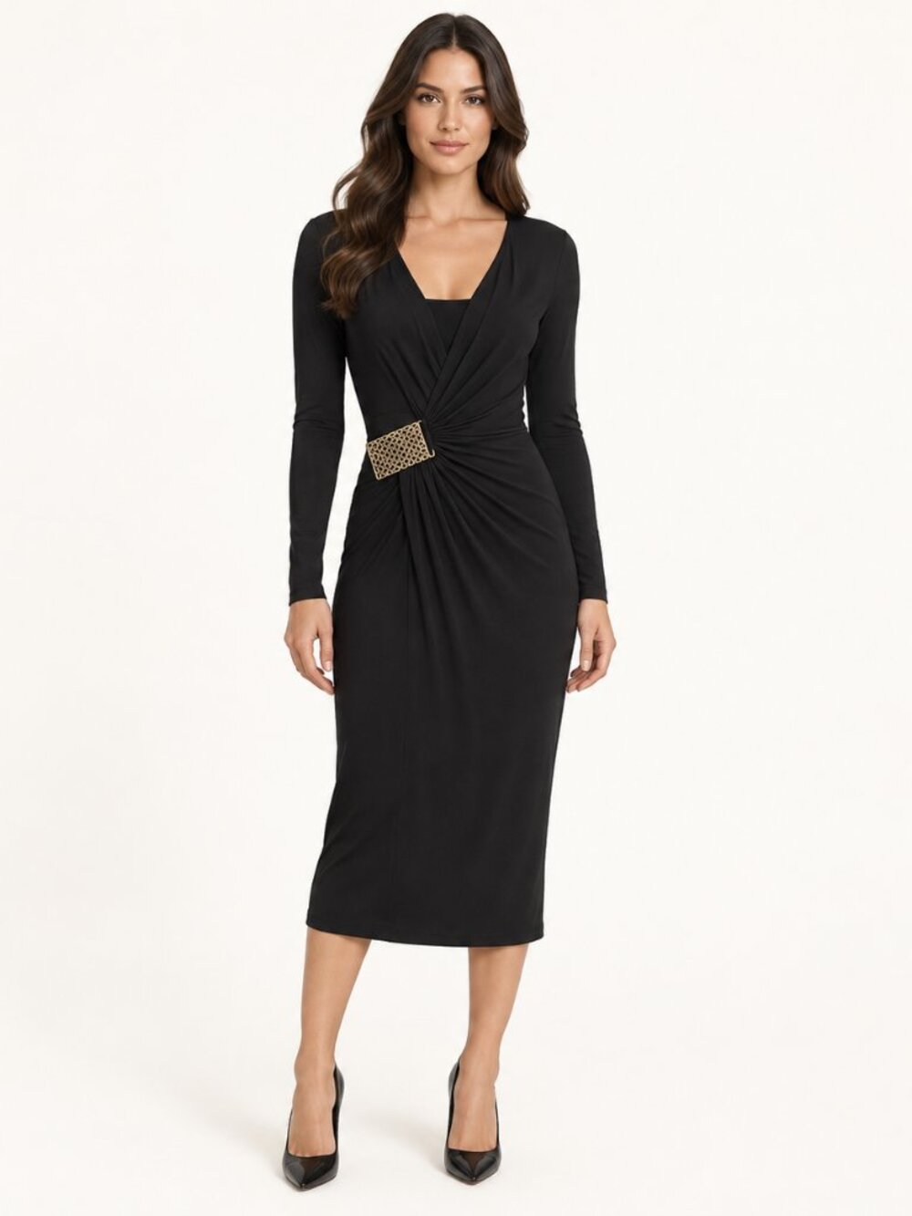Marciano Black Jeweled Buckle Ruched Long Sleeve Midi Dress NWT - Sz 4